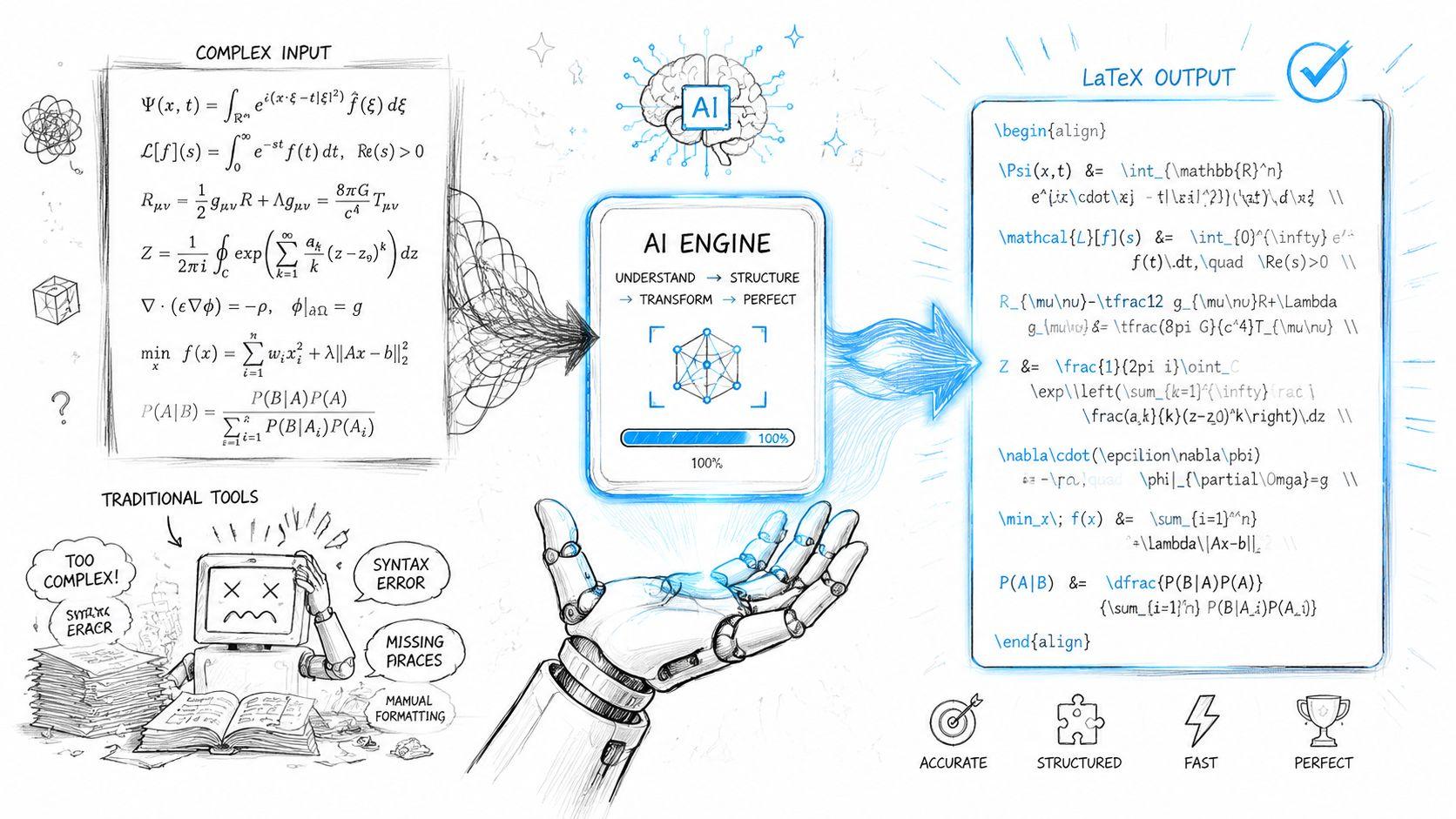 A hand-drawn illustration showing an AI engine converting complex mathematical formulas into structured LaTeX code output.