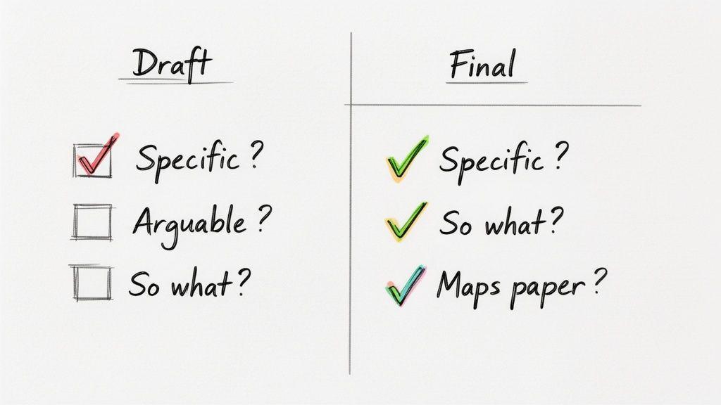 A checklist for writing, showing draft and final stages with checks for specific, arguable, and paper mapping.