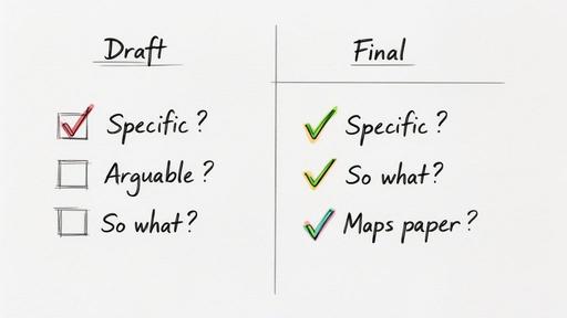 A checklist for writing, showing draft and final stages with checks for specific, arguable, and paper mapping.