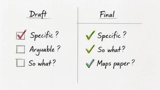 A checklist for writing, showing draft and final stages with checks for specific, arguable, and paper mapping.