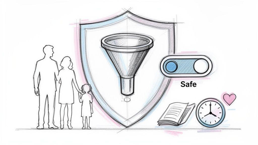 Sketch of a family protected by a shield and funnel, with a 'Safe' toggle, book, clock, and heart.