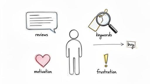 A sketch illustrating factors influencing a customer's purchase decision: reviews, motivation, keywords, and frustration.