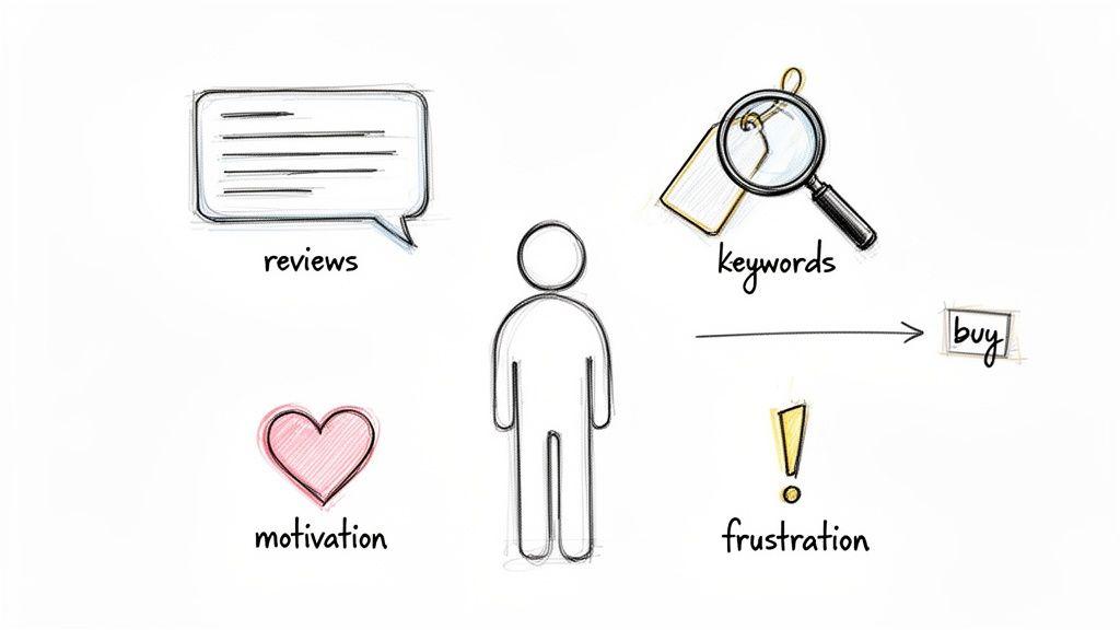A sketch illustrating factors influencing a customer's purchase decision: reviews, motivation, keywords, and frustration.