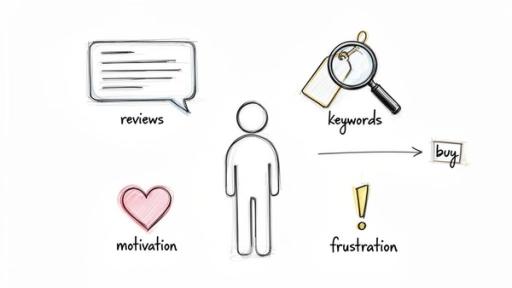 A sketch illustrating factors influencing a customer's purchase decision: reviews, motivation, keywords, and frustration.