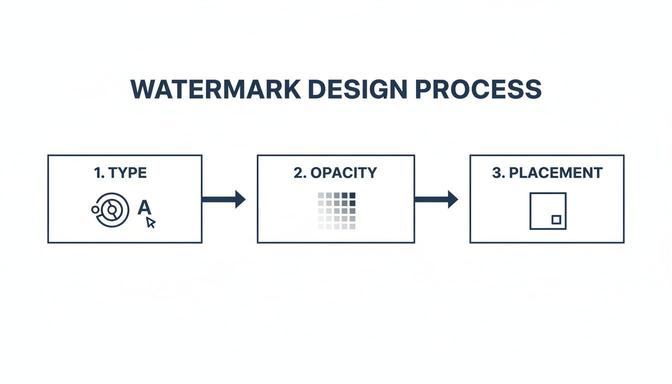 A diagram illustrates the three-step watermark design process: type, opacity, and placement.