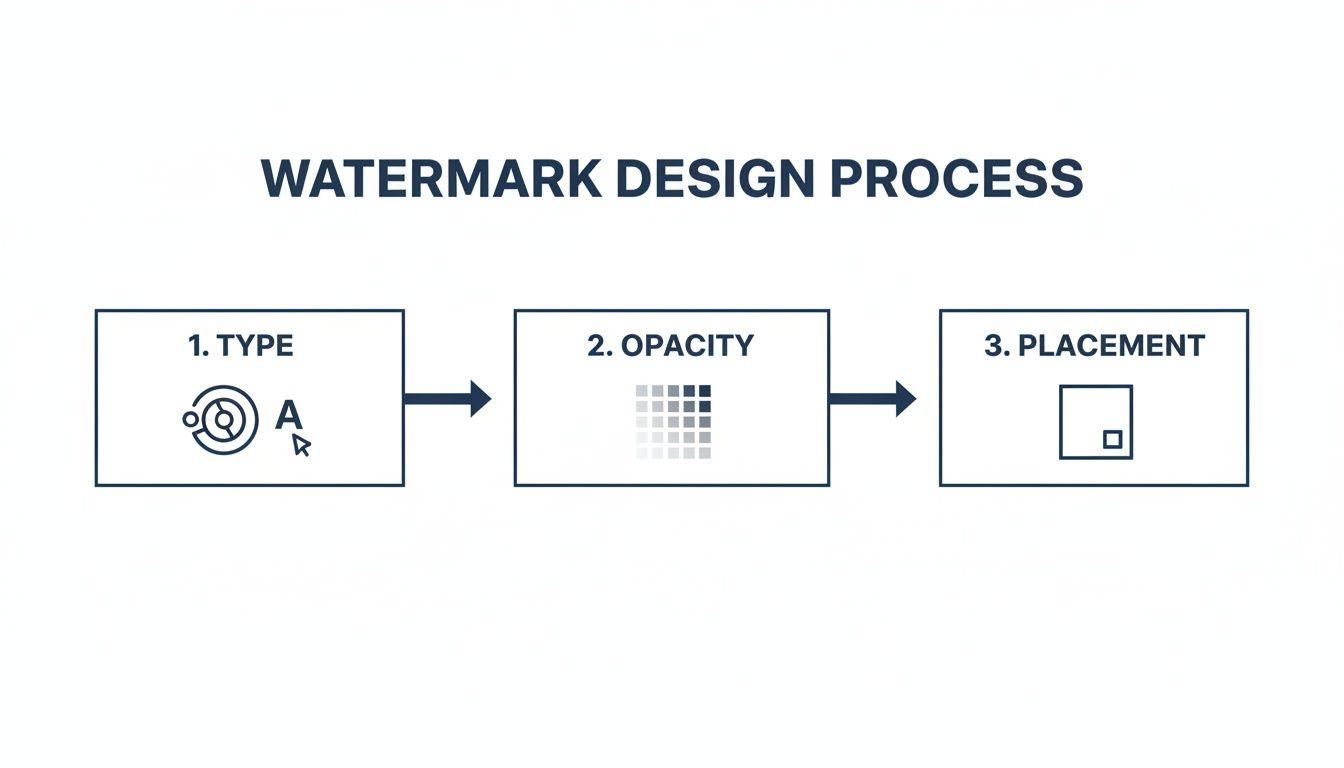 A diagram illustrates the three-step watermark design process: type, opacity, and placement.