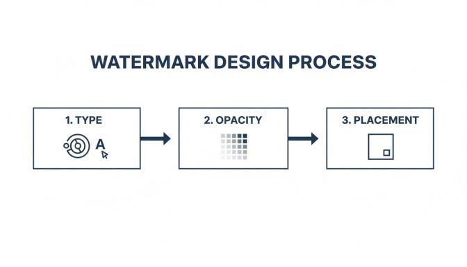 A diagram illustrates the three-step watermark design process: type, opacity, and placement.