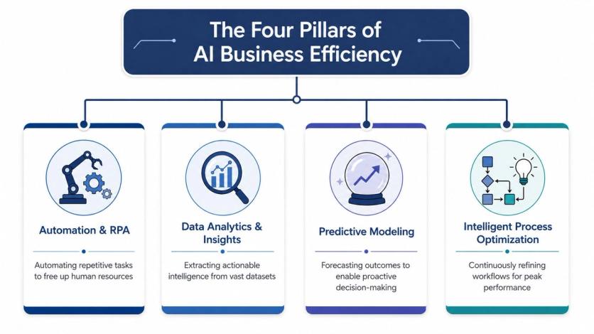 A diagram illustrating the four pillars of AI business efficiency including automation, analytics, predictive modeling, and process optimization.