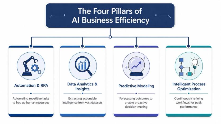 A diagram illustrating the four pillars of AI business efficiency including automation, analytics, predictive modeling, and process optimization.