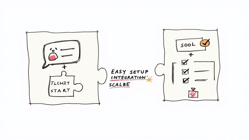 Two puzzle pieces showing customer service ticket automation connecting with tool integration checklist