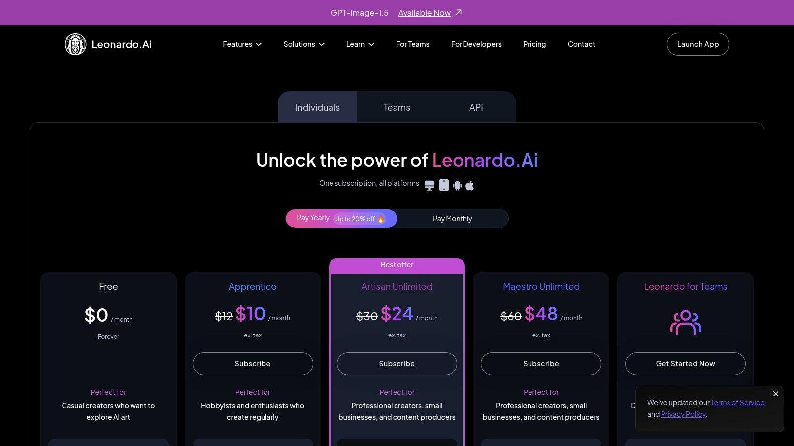 A screenshot of the Leonardo.ai pricing page, showing different subscription tiers and features for the AI image creation platform.