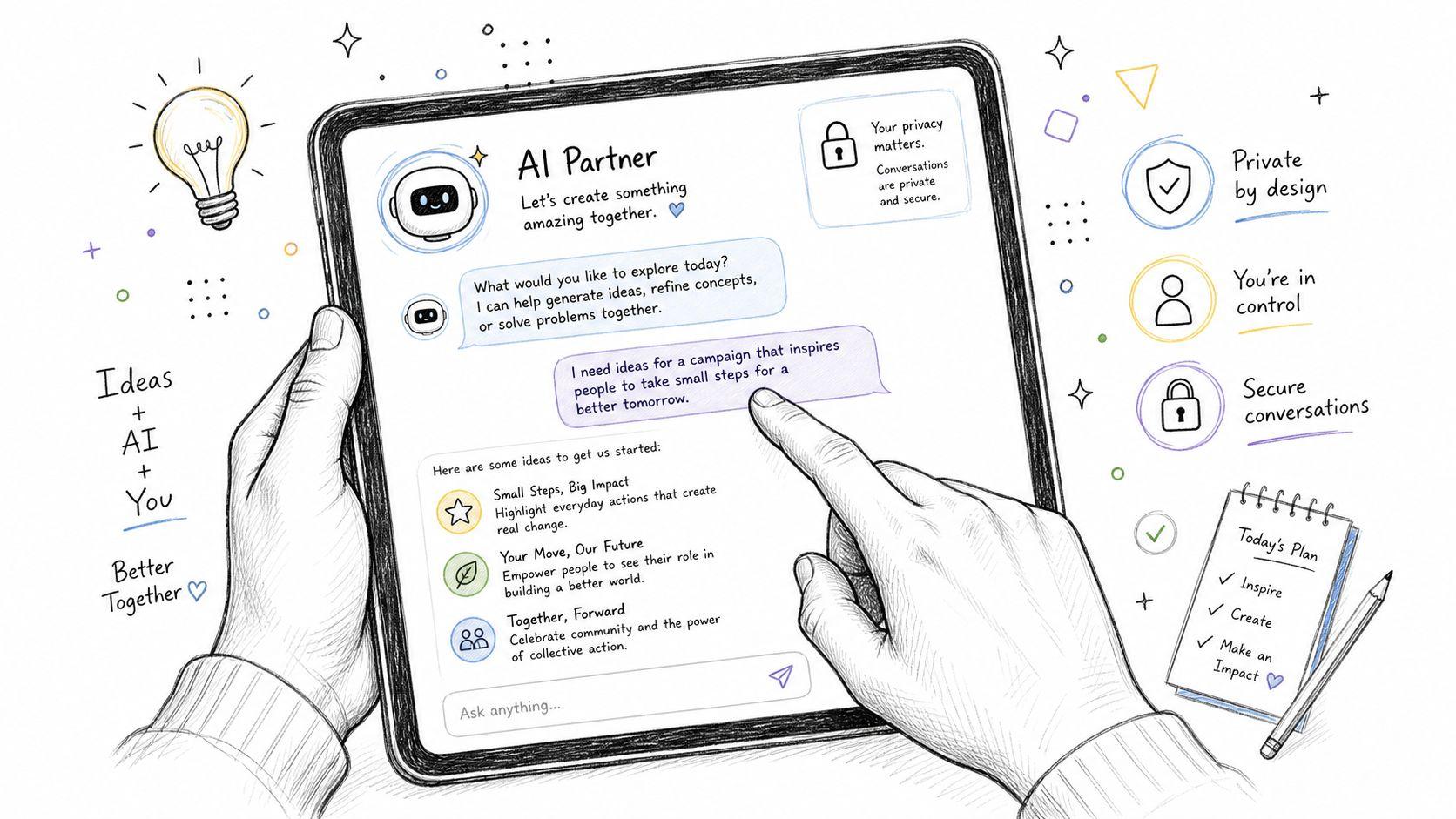 A digital illustration of a person using an AI chatbot on a tablet to brainstorm creative ideas.