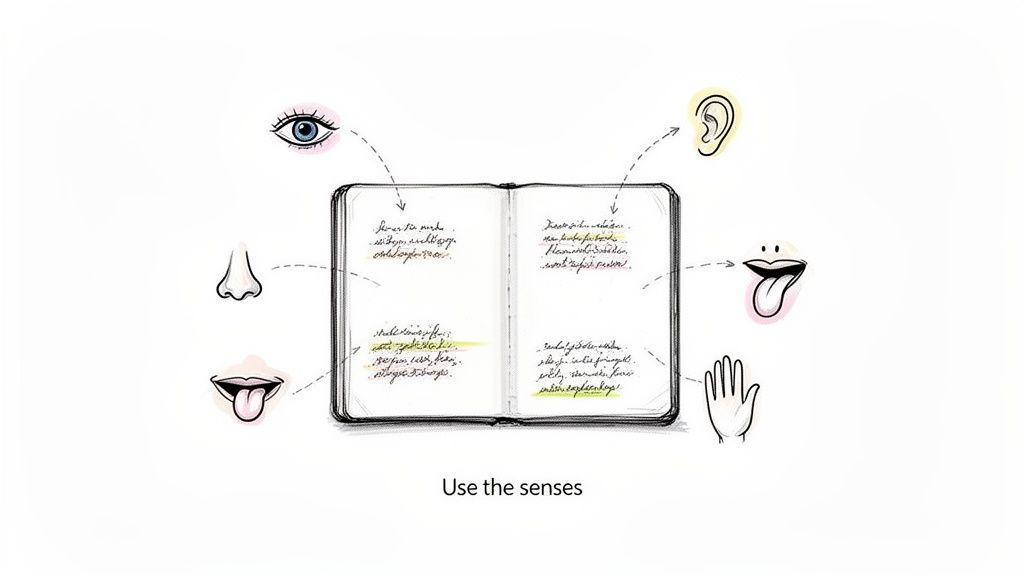 A visual guide illustrating how to use the five senses for creative writing, featuring a notebook.