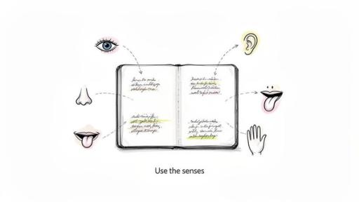 A visual guide illustrating how to use the five senses for creative writing, featuring a notebook.