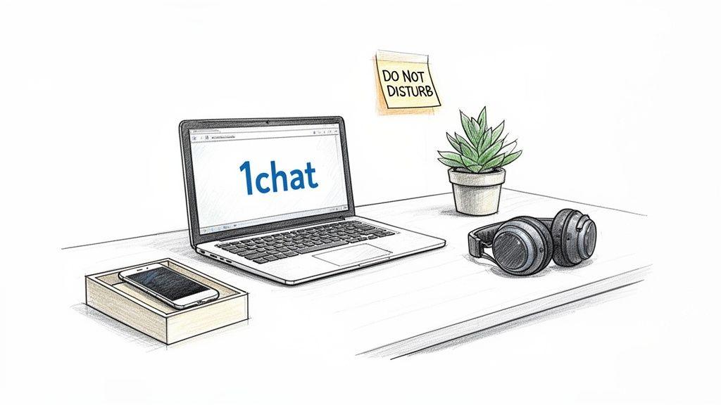 A minimalist desk setup with a laptop displaying '1chat', a smartphone, headphones, and a 'Do Not Disturb' note.