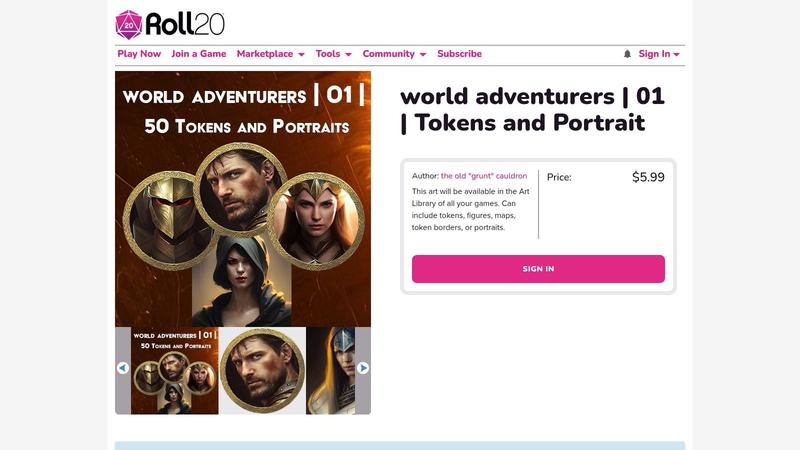 A collection of fantasy character tokens displayed on the Roll20 Marketplace, featuring diverse races and classes like elves, dwarves, and wizards, ready for virtual tabletop use.