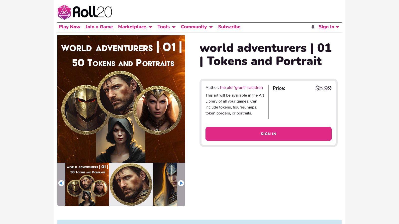 A collection of fantasy character tokens displayed on the Roll20 Marketplace, featuring diverse races and classes like elves, dwarves, and wizards, ready for virtual tabletop use.