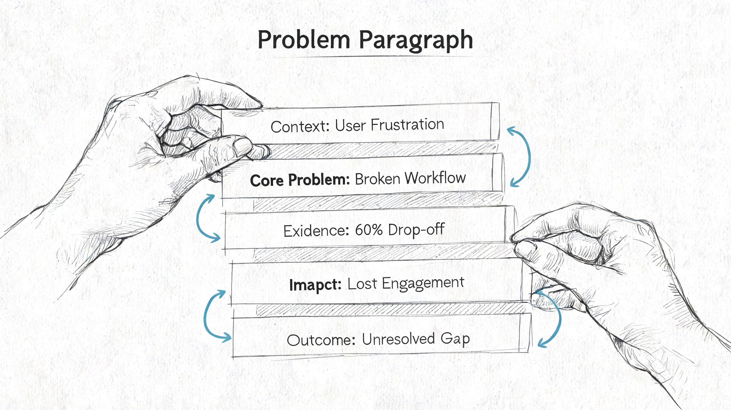 A hand-drawn sketch showing a process flow structure labeled with context, problem, evidence, impact, and outcome.