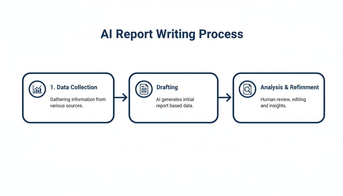 Diagram illustrating the AI Report Writing Process: Data Collection, Drafting, and Analysis & Refinement.