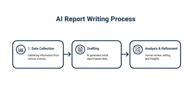 Diagram illustrating the AI Report Writing Process: Data Collection, Drafting, and Analysis & Refinement.