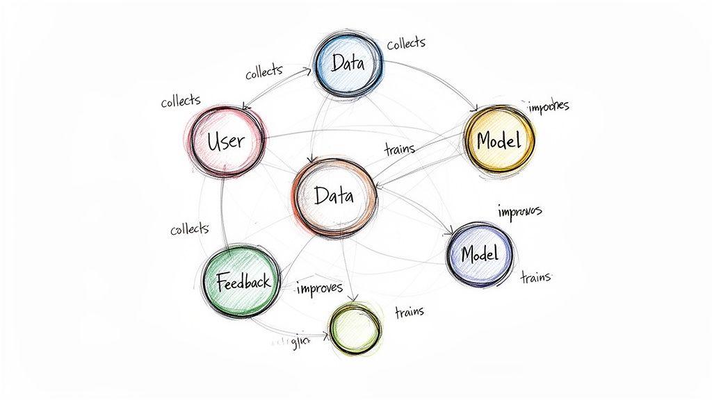 Hand-drawn diagram showing a data-driven feedback loop involving users, data, models, and feedback.