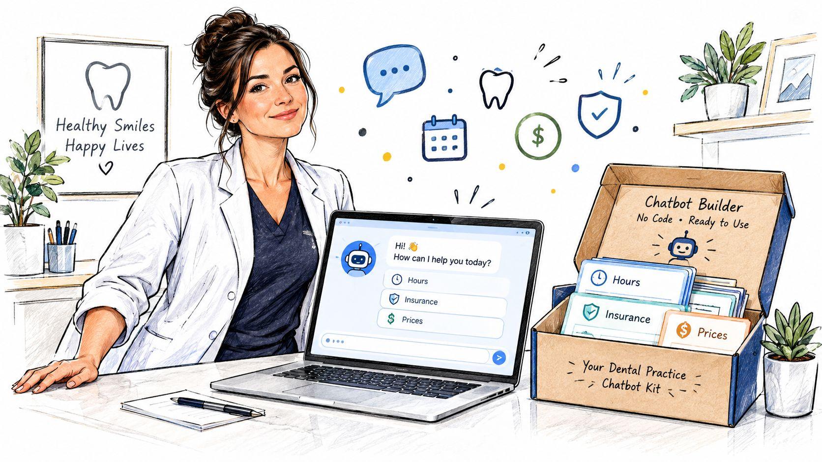 A professional dentist presenting a dental practice AI chatbot builder kit on a laptop and box.