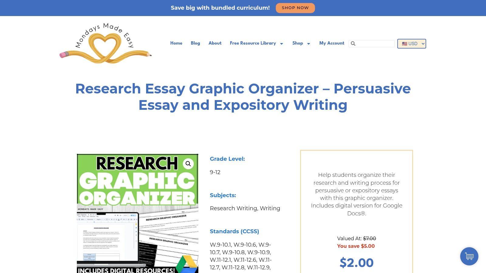 A research essay graphic organizer from Mondays Made Easy showing detailed sections for planning and outlining.