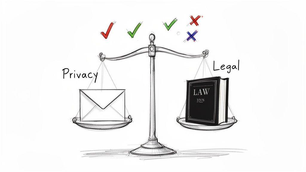 A sketch of a weighing scale balancing privacy (envelope) and legal (law book) with checks and crosses above.