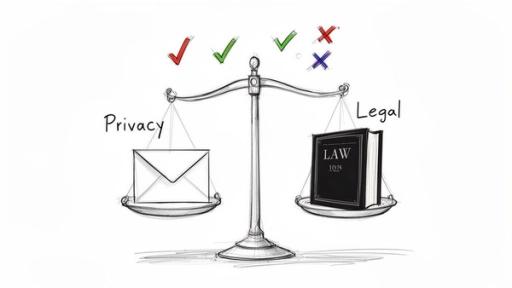 A sketch of a weighing scale balancing privacy (envelope) and legal (law book) with checks and crosses above.