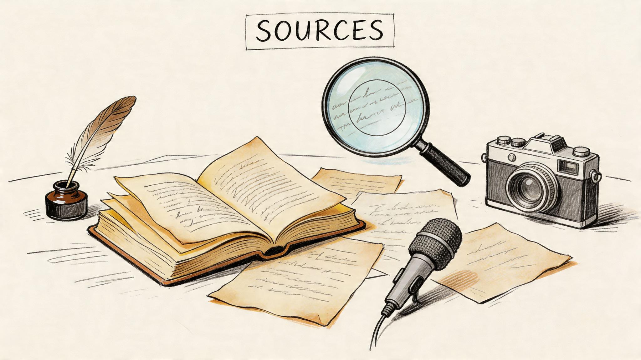 A hand-drawn illustration depicting various research tools including a book, quill, magnifying glass, microphone, and camera.