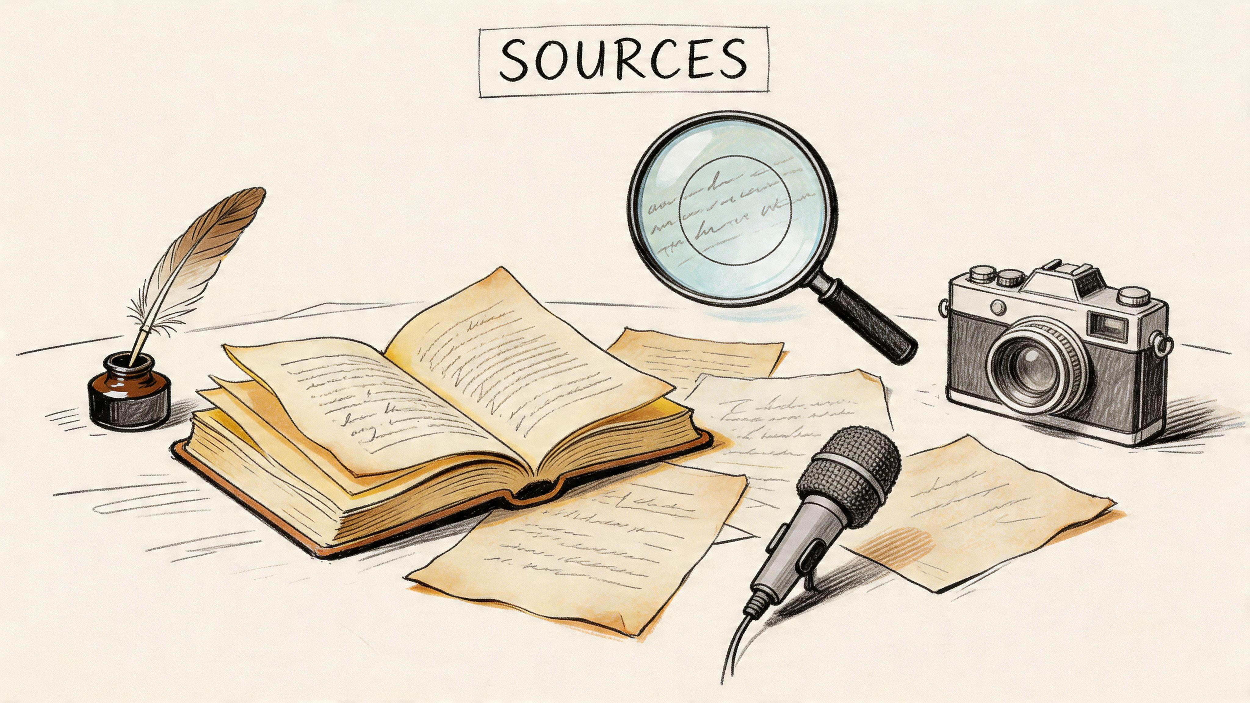 A hand-drawn illustration depicting various research tools including a book, quill, magnifying glass, microphone, and camera.