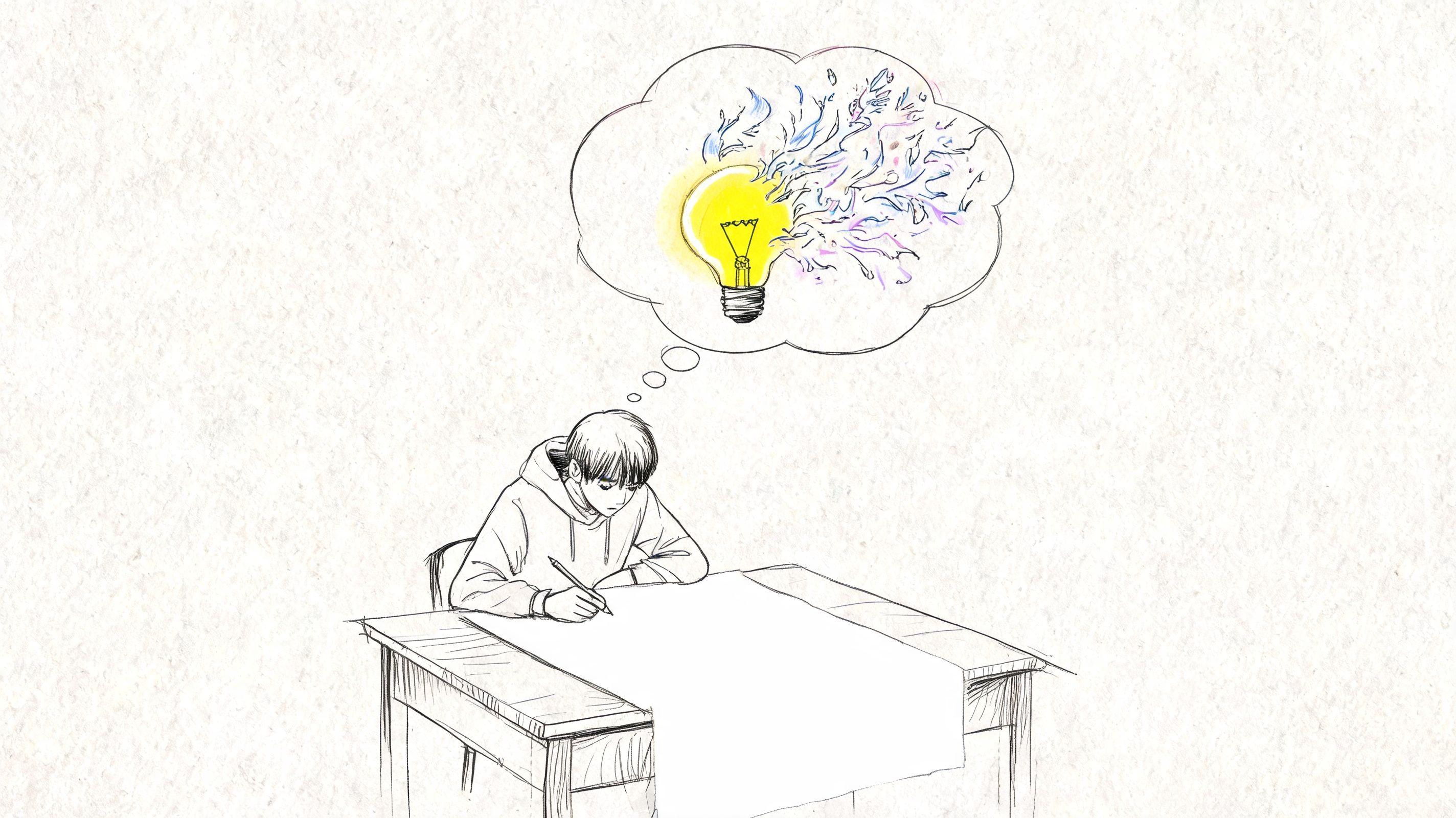 A young person sitting at a desk drawing a bright lightbulb idea inside a thought bubble.