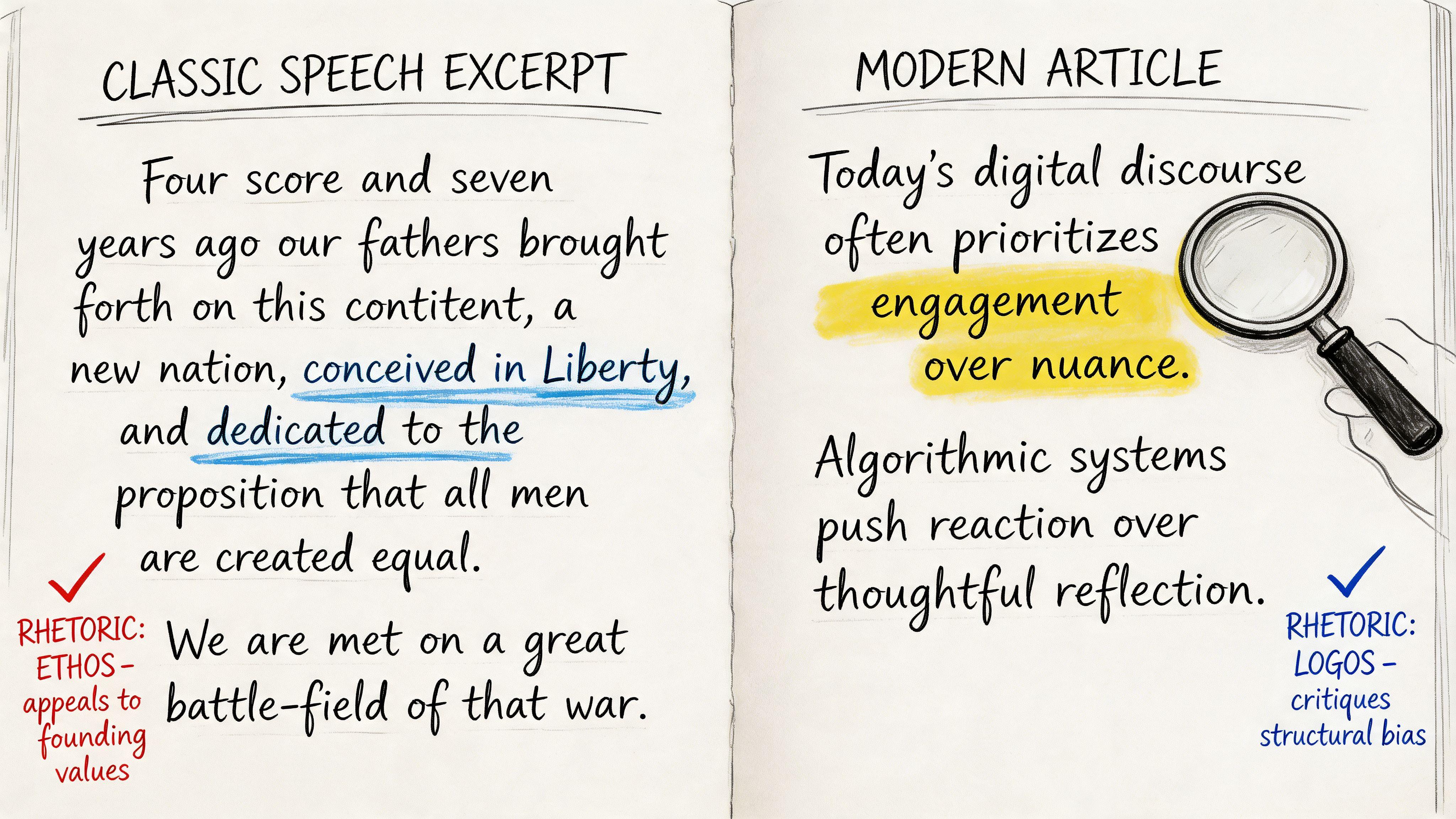 A sketchbook page comparing a classic Gettysburg speech excerpt with modern article analysis regarding digital discourse.