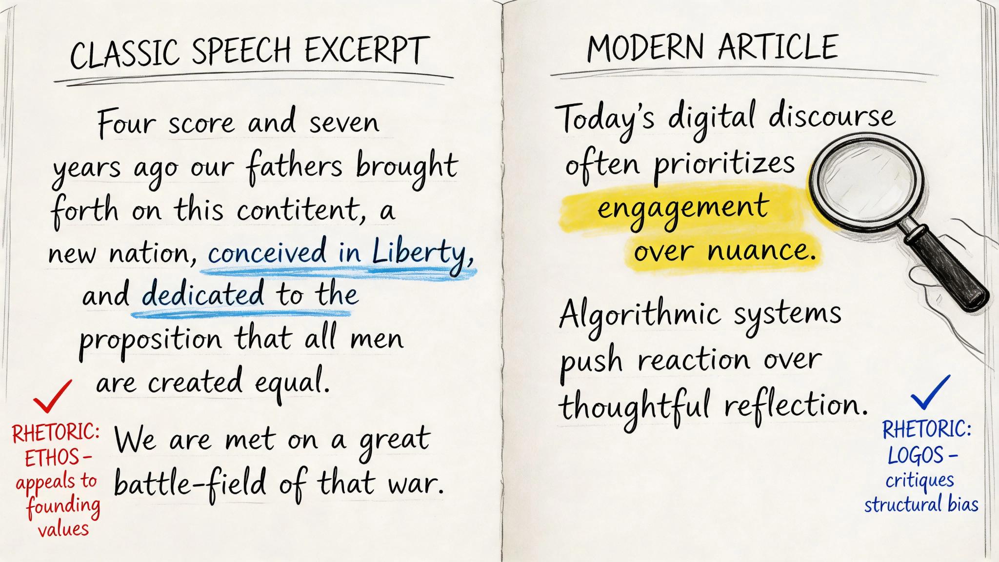 A sketchbook page comparing a classic Gettysburg speech excerpt with modern article analysis regarding digital discourse.