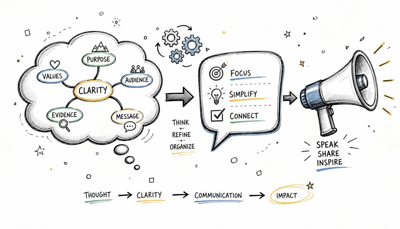 A visual diagram illustrating a process of transforming thought into clarity, communication, and ultimately meaningful impact.