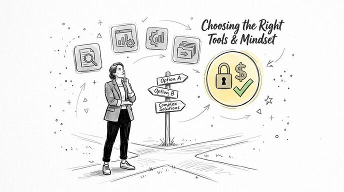 A professional woman standing at a crossroads considering various tools and strategies for business decision making.