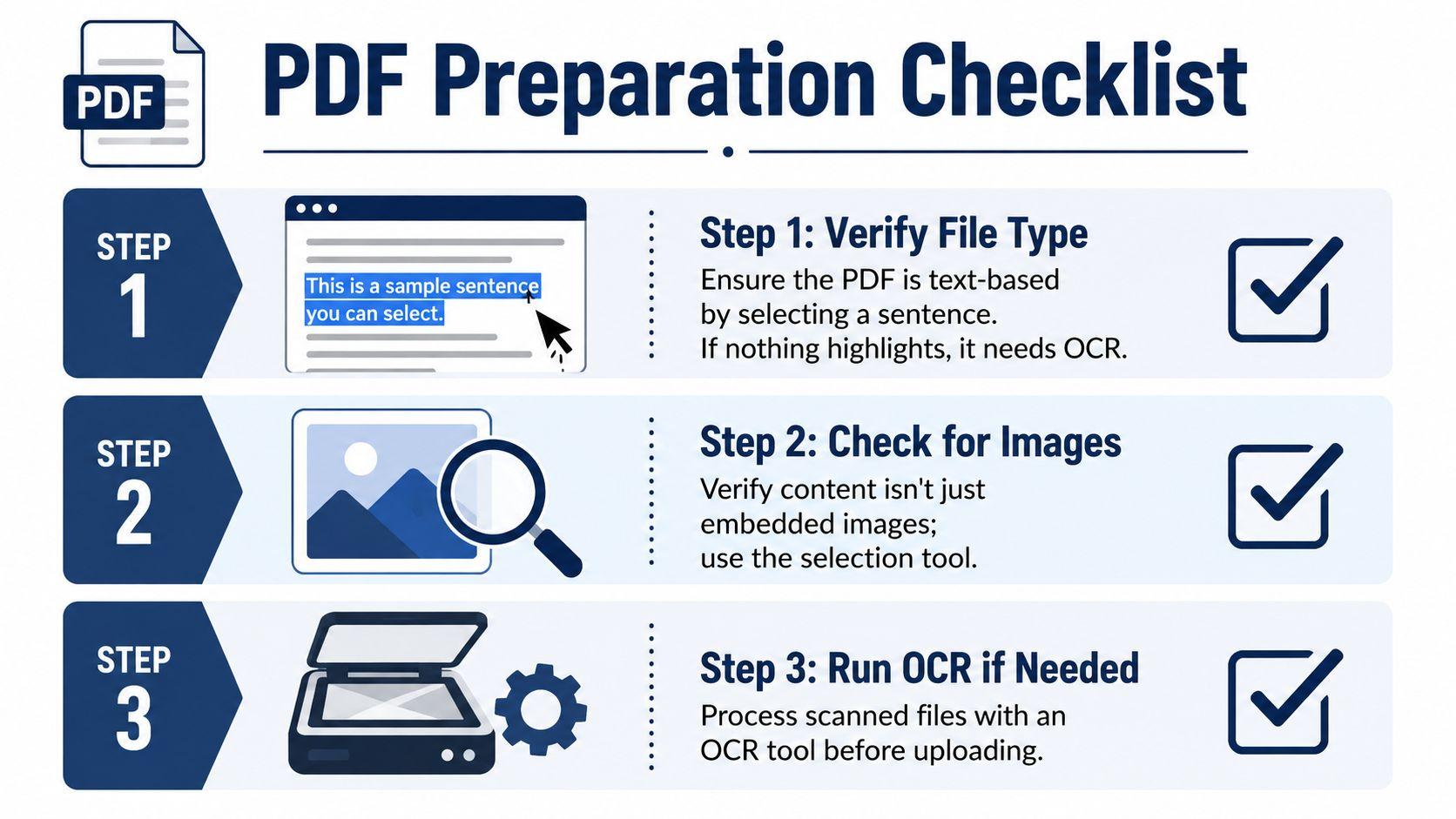 A three-step checklist graphic explaining how to prepare PDF documents for AI chat systems.