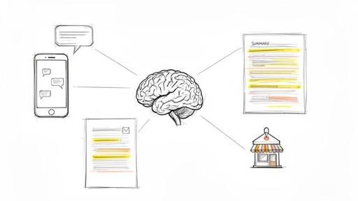 A sketch of a human brain connected to a smartphone, chat bubble, two documents, and a small store, illustrating data processing.
