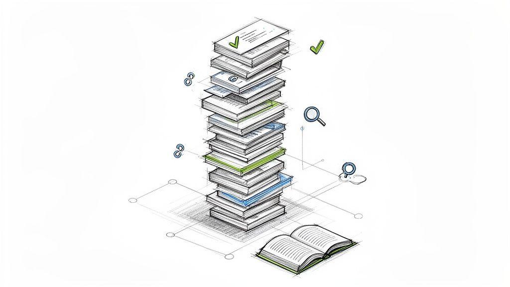 A tall stack of documents and an open book, symbolizing research, organization, and information management.