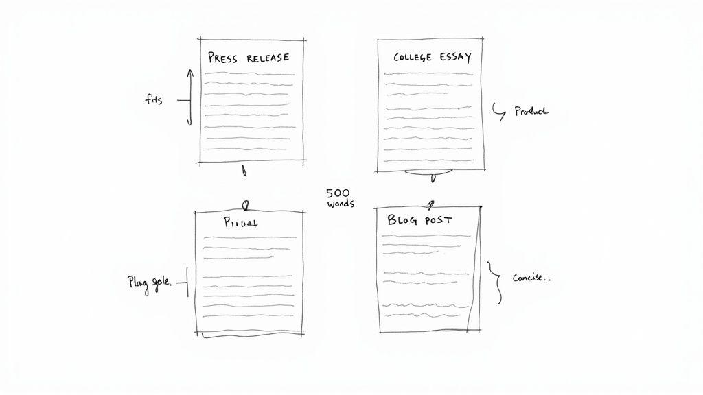 Hand-drawn sketch comparing four document types: press release, college essay, pitch, and blog post, with '500 words'.