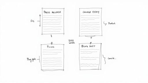 Hand-drawn sketch comparing four document types: press release, college essay, pitch, and blog post, with '500 words'.