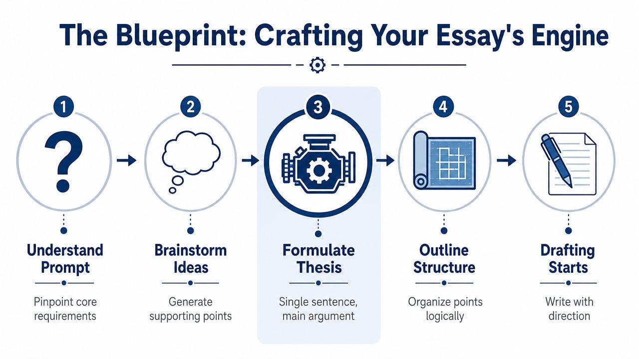A five-step flowchart titled The Blueprint: Crafting Your Essay's Engine illustrating the essay writing process.