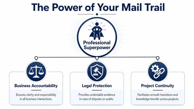 A diagram illustrating the benefits of a mail trail including business accountability, legal protection, and project continuity.