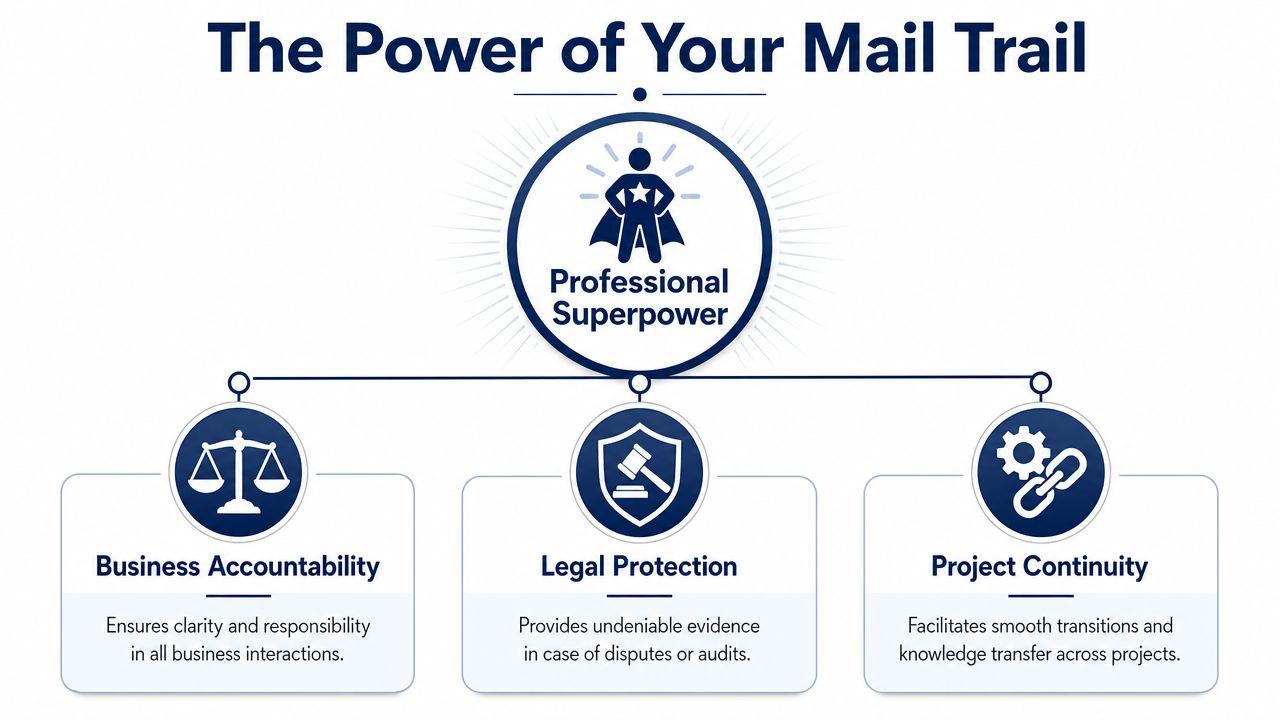 A diagram illustrating the benefits of a mail trail including business accountability, legal protection, and project continuity.
