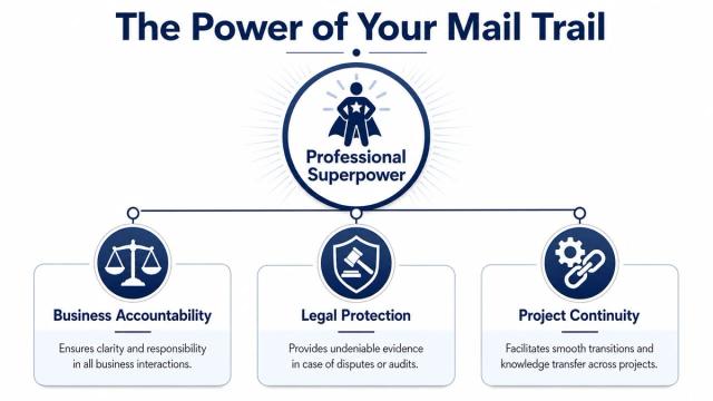 A diagram illustrating the benefits of a mail trail including business accountability, legal protection, and project continuity.
