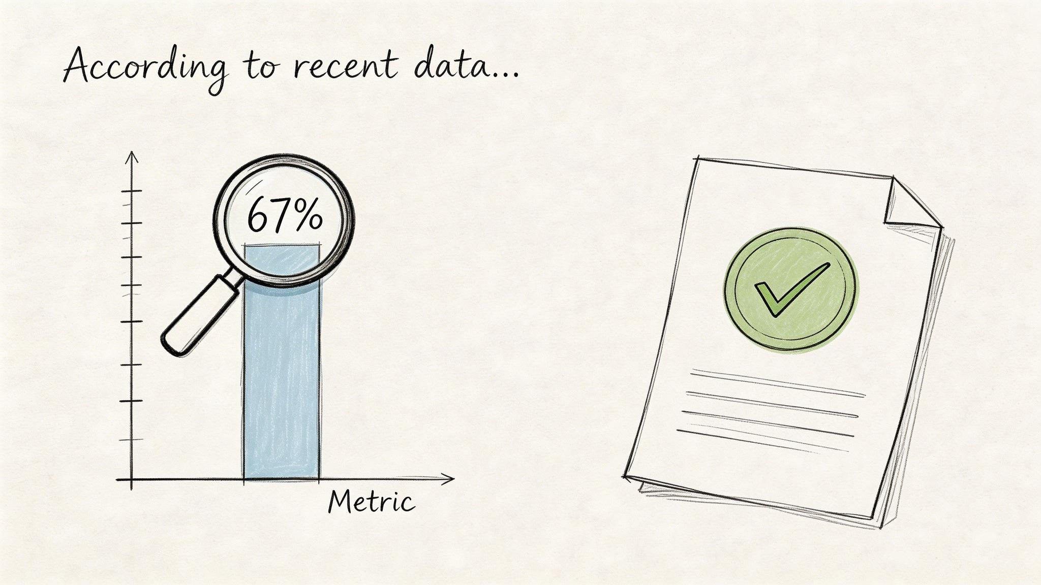 A hand-drawn illustration depicting a bar chart showing 67 percent next to a document with a checkmark.