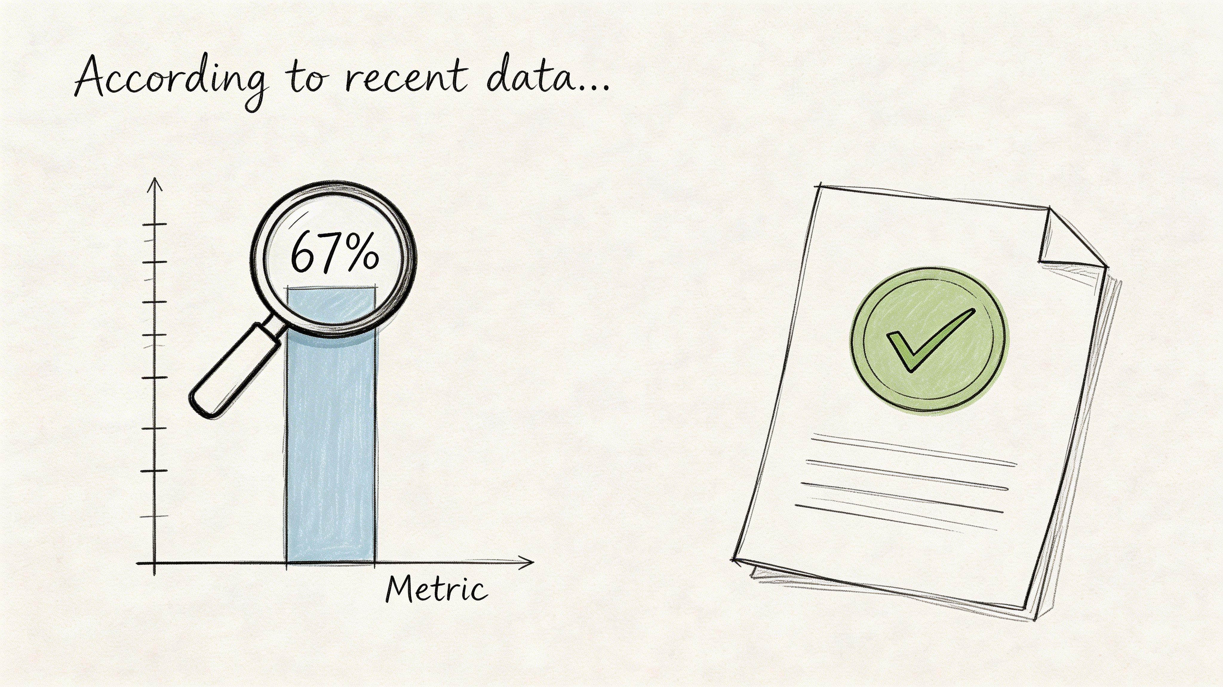 A hand-drawn illustration depicting a bar chart showing 67 percent next to a document with a checkmark.