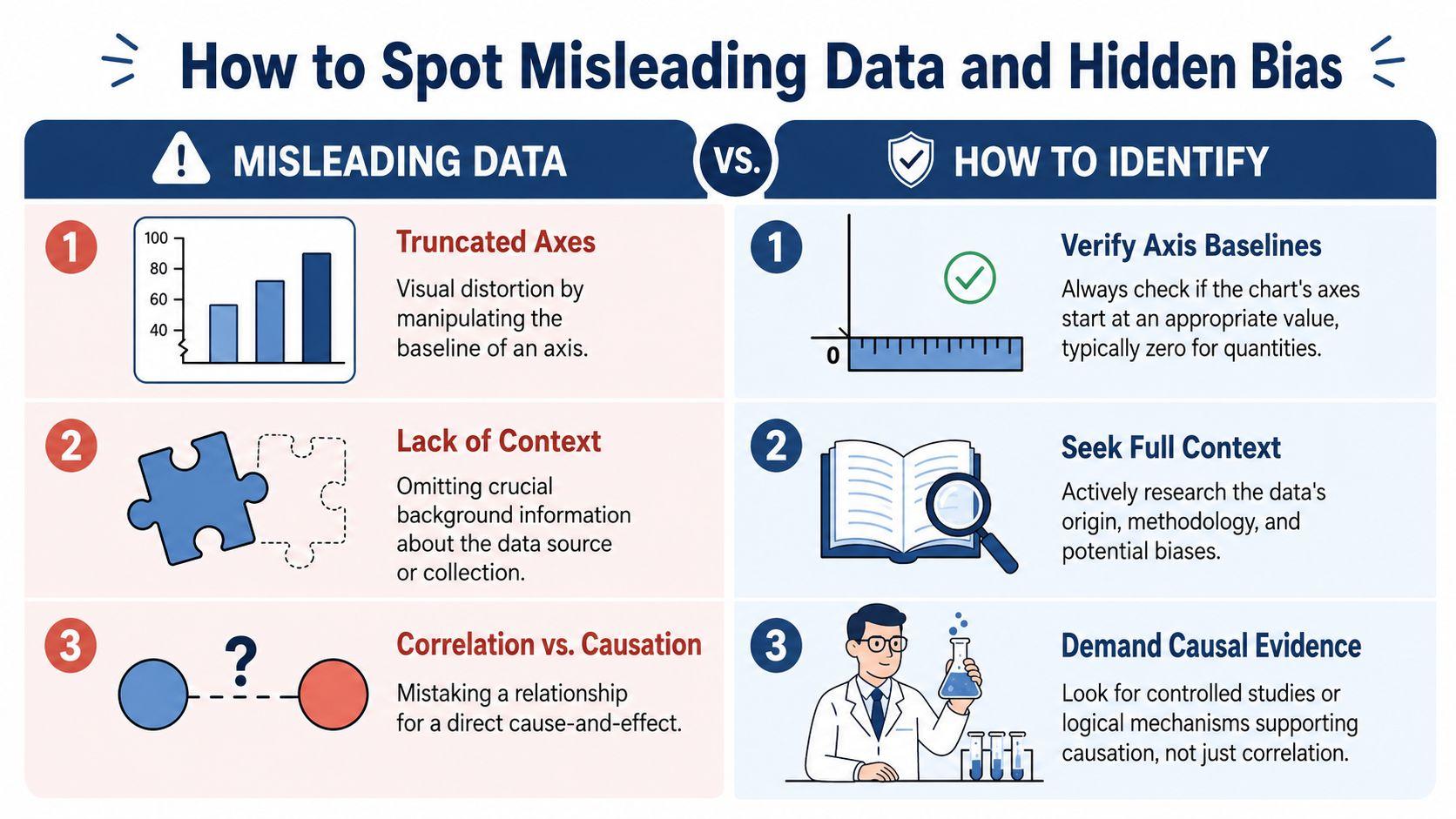 An infographic showing common methods for spotting misleading data alongside strategies for identifying and verifying information.