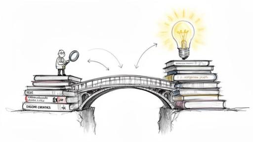 A cartoon person with a magnifying glass on books, a bridge leading to books with a lightbulb.