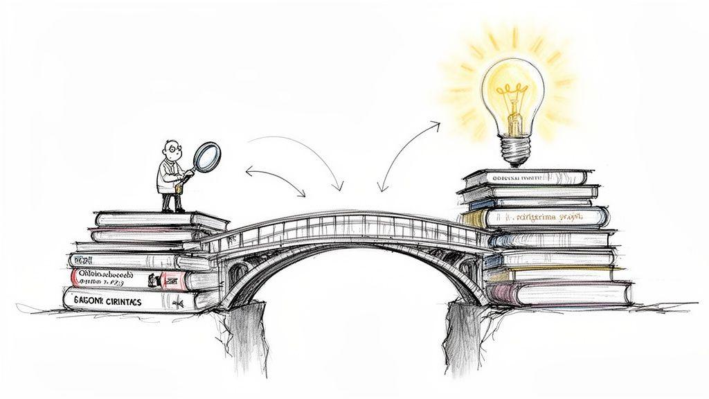 A cartoon person with a magnifying glass on books, a bridge leading to books with a lightbulb.